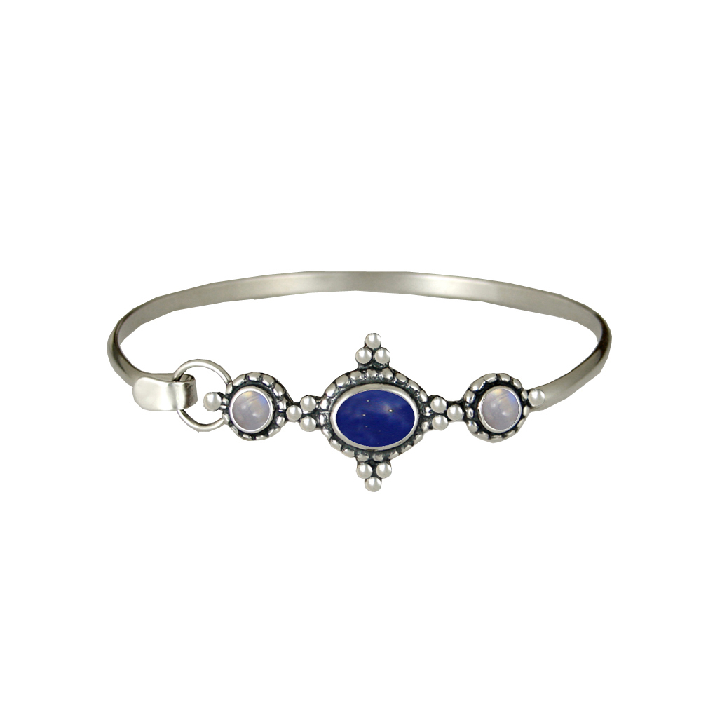 Sterling Silver Gemstone Strap Latch Spring Hook Bangle Bracelet Lapis Lazuli And Rainbow Moonstone